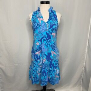 Pappagallo Women XS Blue Sea Turtle Seahorse Ruffle Neck Sleeveless Tiered Dress